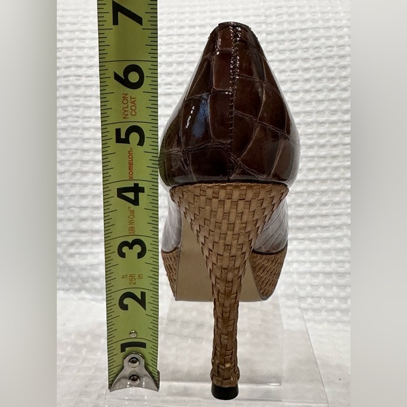 Sergio Zelcer Brown Alligator Peep Toe 4” Platform Heels~Woven Bottoms~Handmade - Picture 6 of 16